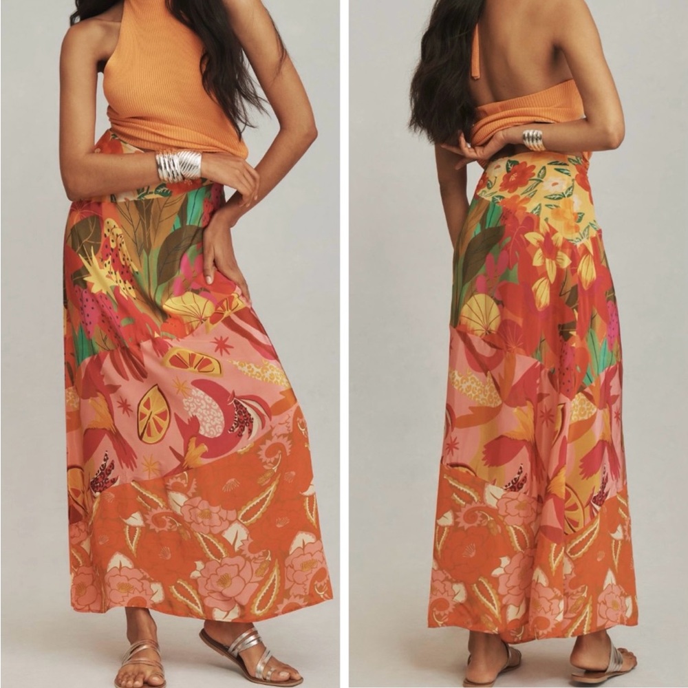 Farm Rio Satin Slip Sheer A-Line Floral Maxi Skirt, Size S